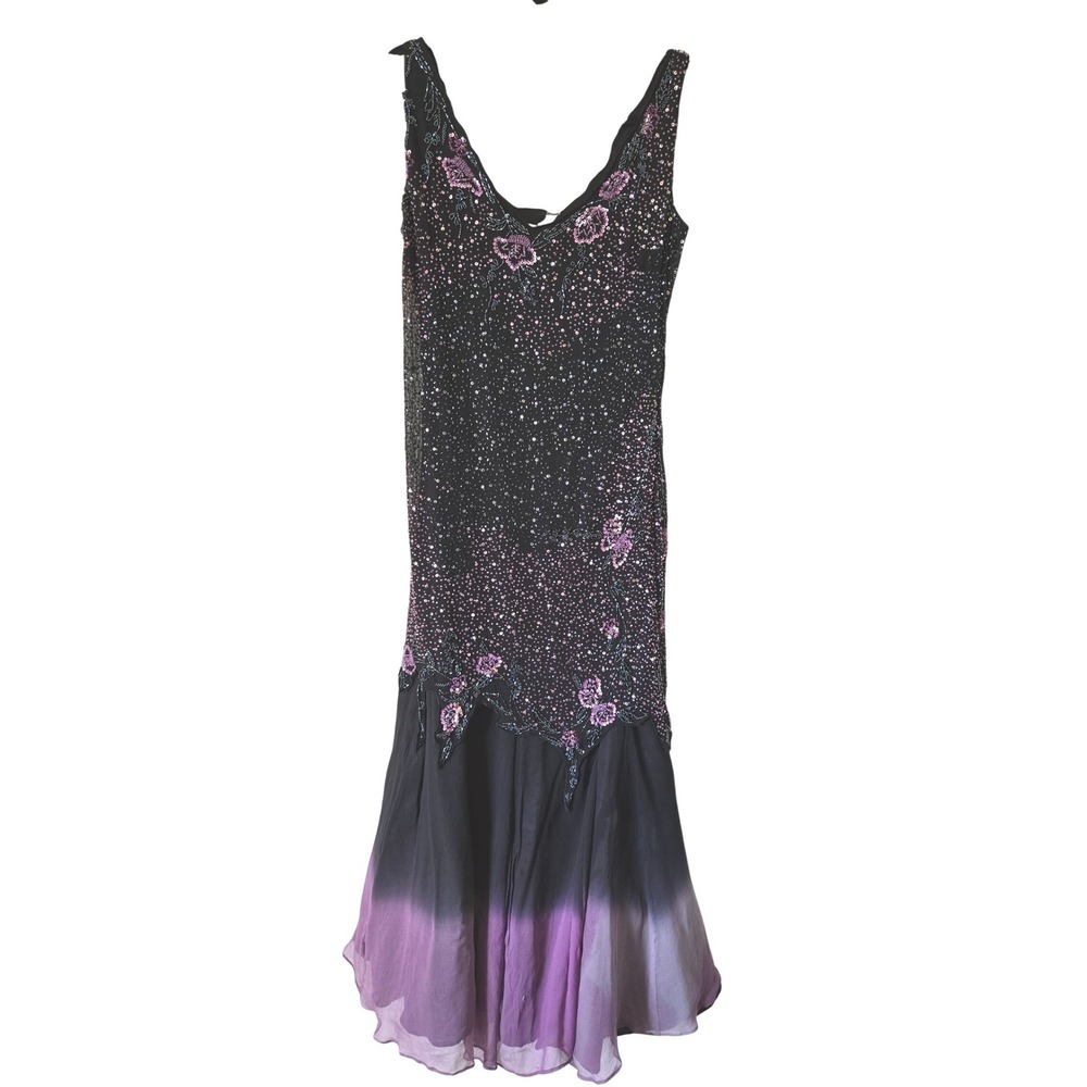 Vintage Aspeed USA Womens Plus Evening Gown Black Purple Beaded Silk Maxi Dress